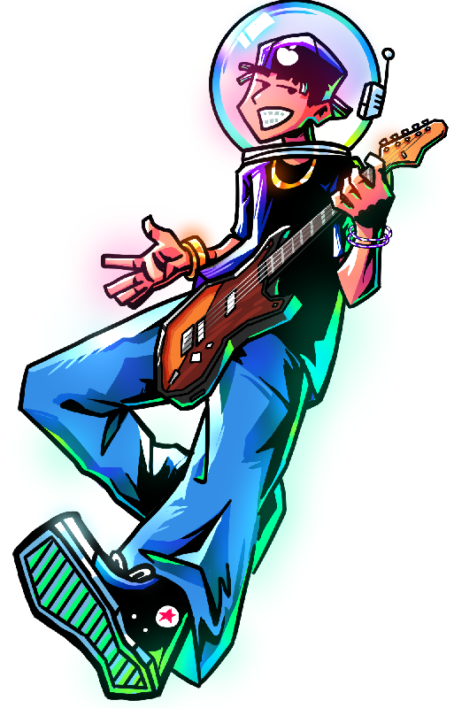 Dimeleud en versión dibujo animado con su guitarra